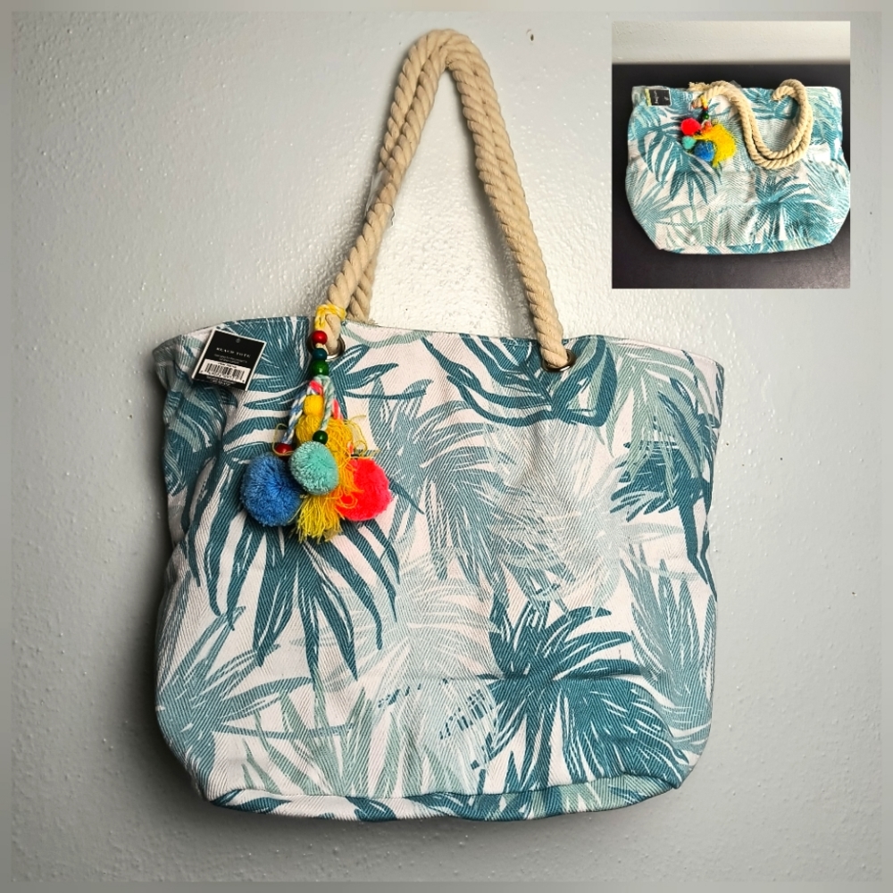 Beach Tote Bag Rope Handle Palm Print Teal